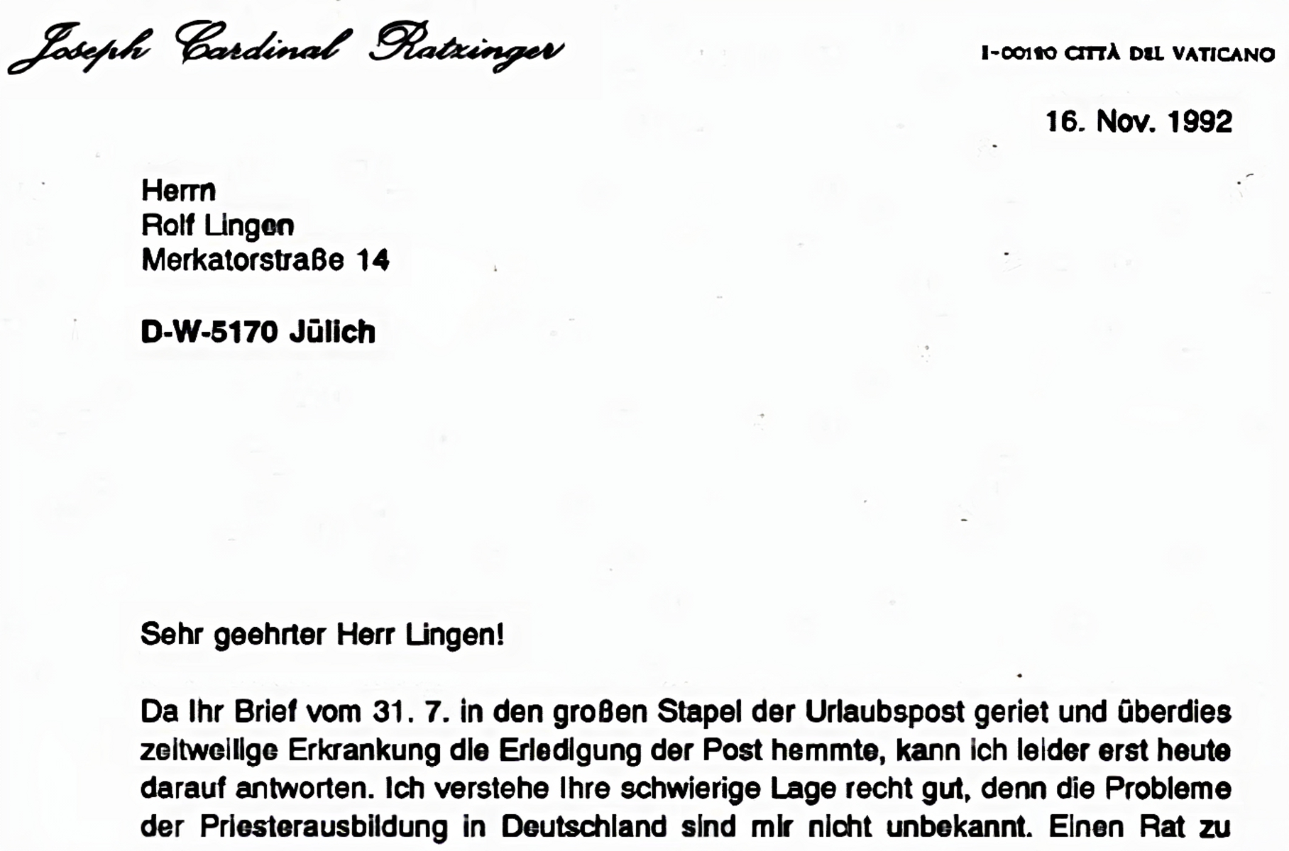 Josef Ratzinger Brief
an Rolf Lingen 1992 Josef Ratzinger Brief an Rolf Lingen
1992