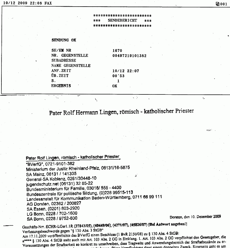 Fax - Sendebericht an
        Bundesverfassungsgericht zur Verfassungsbeschwerde wegen
        Holocaustleugnung