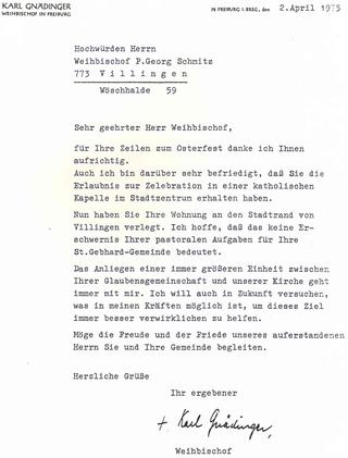 Weihbischof Karl Gndinger aus
          Freiburg an Bischof Georg Schmitz