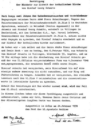 Abschwrung von Bischof Georg
          Schmitz vor Marcel Lefebvre und Franz Schmidberger