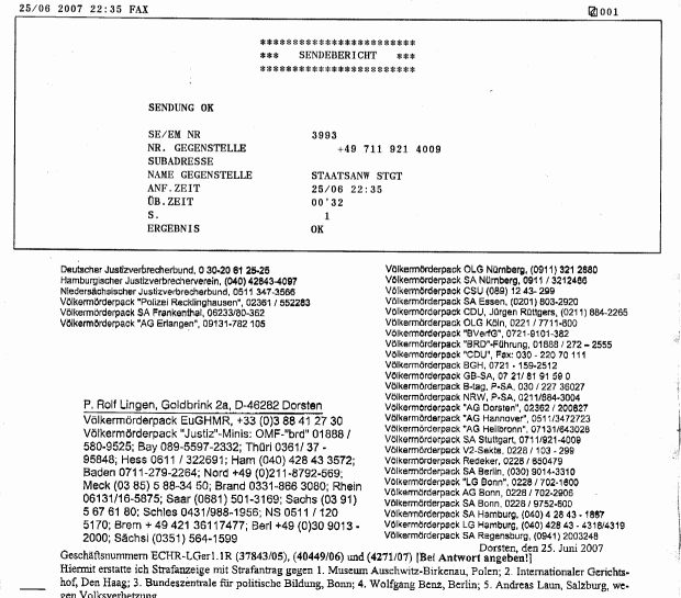 Protokoll von Fax an SA Stuttgart /w Seifenlegende